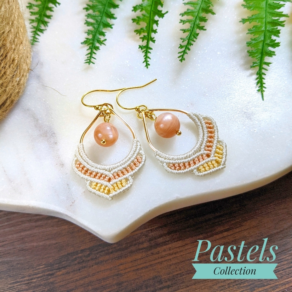 Gold crystal earrings, sunstone jewelry, macrame earrings, boho earrings, pastel
